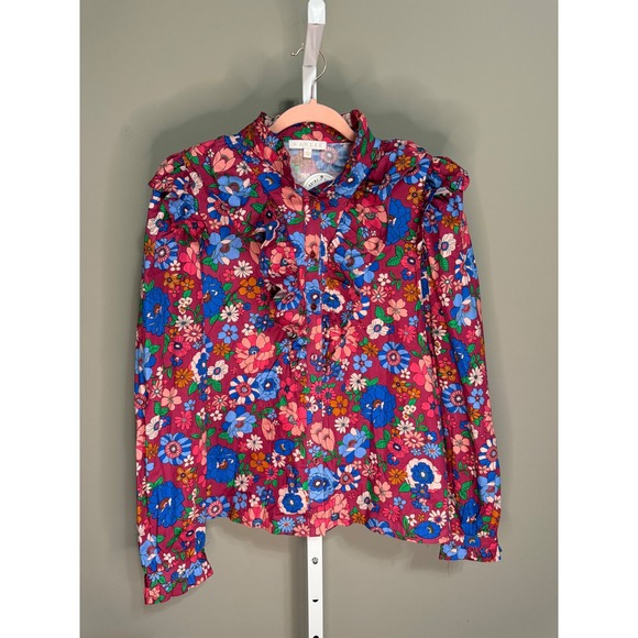Karlie Magenta London Floral Ruffle Sleeve Blouse Pink Blue Large NWT - Picture 2 of 10